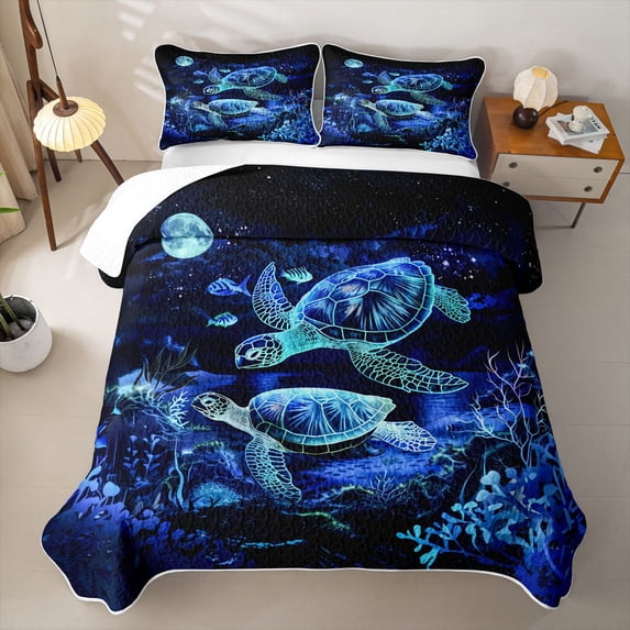 jejeloiu Sea Turtle Print Bed Spread Queen,Vintage Ocean Animal Queen Coverlet Set For Boys,Blue Black,3 Pieces