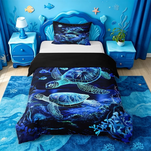 jejeloiu Sea Turtle Print Twin Duvet Cover,Vintage Ocean Animal Twin Bedding For Boys,Blue Black,Black Reversible,2-Piece,1 Duvet Cover and 1 Pillowcase