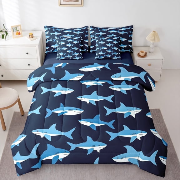 jejeloiu Sealife Shark Bedding Comforter Set 7-Piece,Ocean Sea Theme King Bedding Sets,Blue Black Bed Sheets For Child,Super Cozy Room Decor Reversible