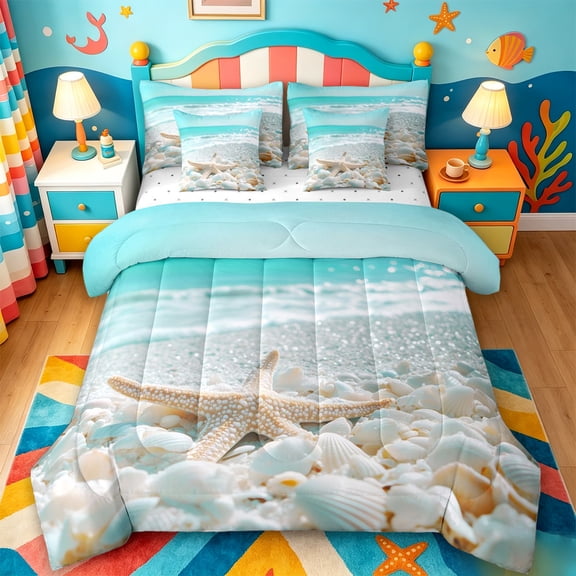 jejeloiu Seashell Beach 7 Pieces Full Size Bedding Sets For Girls,Starfish Ocean Full Size Bed in a Bag,Light Blue,Reversible