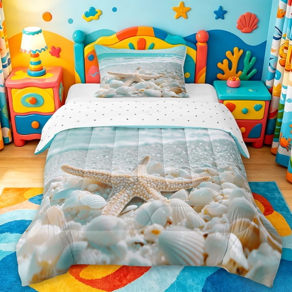 jejeloiu Seashell Beach Twin Comforter Sets For Girls,Starfish Ocean Bedding Set,Light Blue,Reversible,2pcs,1 Comforter and 1 Pillowcase