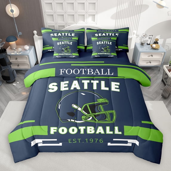 jejeloiu Seattle 7-Piece Twin Bedding Sets,Deepblue Rugby Helemt Bedding Comforter Set,American Football Sport Sheet Sets For Kids Teens,Microfiber Bedroom Decor Reversible