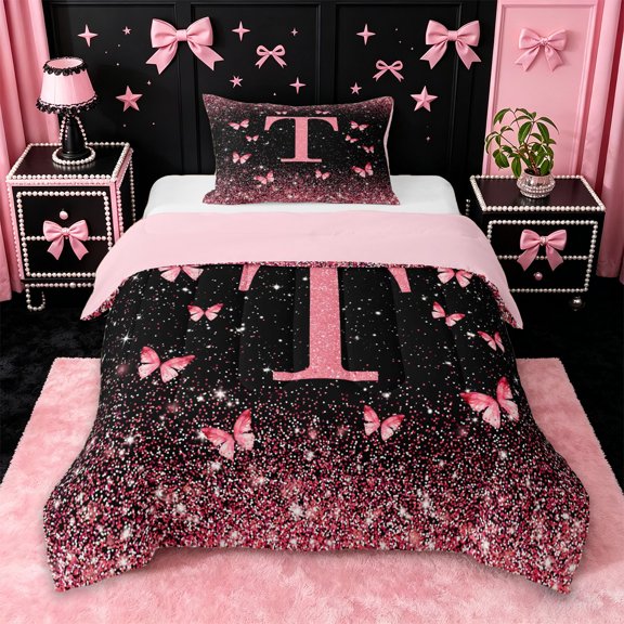 jejeloiu Sequin Print Initial T Twin Comforter Sets For Girls,Kawaii Pink Butterflies Bedding Set For Kids,Pink Reversible,2pcs