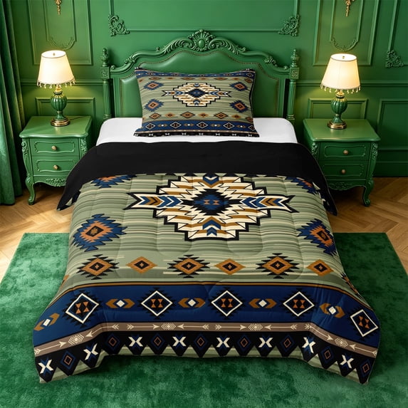 jejeloiu Serene Tribal Twin Comforter Sets,Calm Print Bedding Set For Boys,Green Blue,Black Reversible,2pcs,1 Comforter and 1 Pillowcase