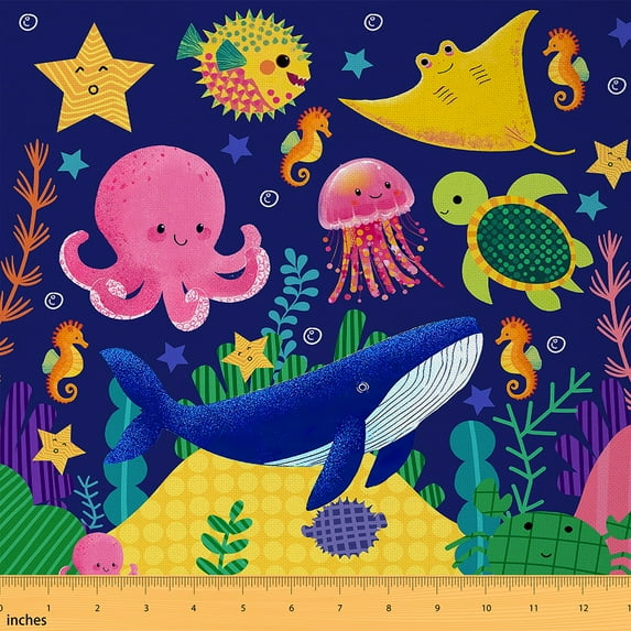 jejeloiu Shark Octopus Turtle Fabric by the Yard 10 Yards,Ocean Aniaml Room Decor Fabric by the Yard,Watercolor Sealife Sewing Fabric For Boys Kids,Microfiber Bedroom Decor