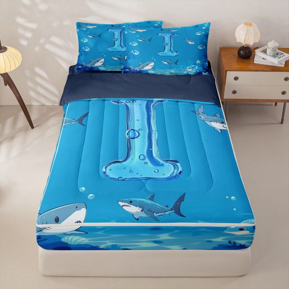 jejeloiu Shark Water Monogrammed I Zipper Twin Comforter Sets with Fitted Sheet and 2 Pillowcases For Kids,Ocean Style Initial Letter Zipper Bedding Set For Boy,Navy Blue Reversible,4 Pieces