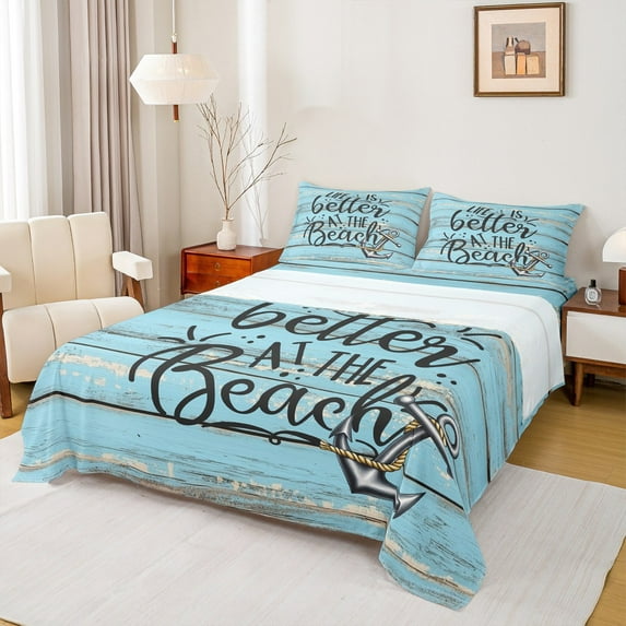 jejeloiu Ship Anchor Queen Sheet Sets,Ocean Sea Beach Flat Sheet,Old Wooden Board Queen Fitted Sheet For Child,Breathable Home Decor,4 Pieces