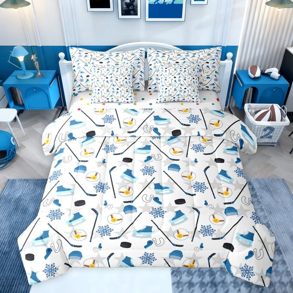 jejeloiu Sice Hockey Sport 7-Piece Twin Bedding Sets,Ball Game Gaming Bedding Comforter Set,Blue Cute Snowflake Sheet Sets For Boys Teens,Breathable Home Decor Reversible