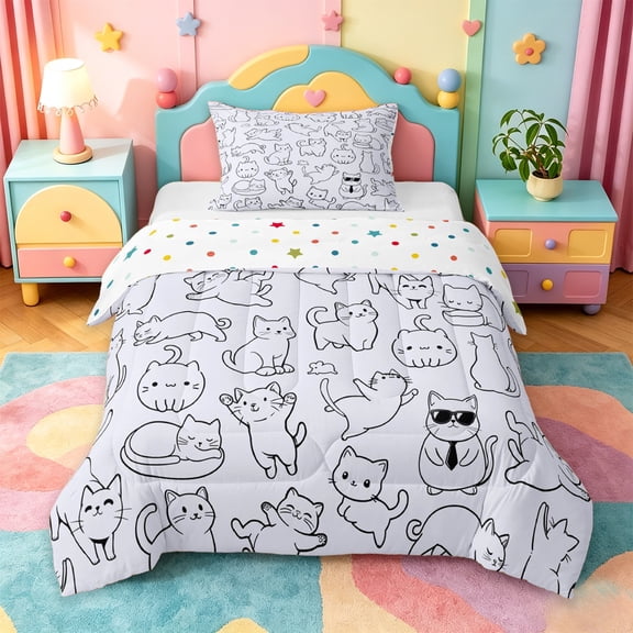 jejeloiu Simple Cat Line Pattern Twin Comforter Sets Kids,Minimal Print Bedding Set,Reversible,2pcs
