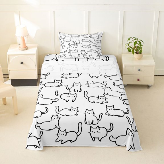 jejeloiu Simple Cat Line Pattern Twin Sheet Sets Kids,Cute Print Bedding,3pcs