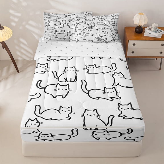 jejeloiu Simple Cat Line Pattern Zipper Twin Comforter Sets with Fitted Sheet and 2 Pillowcases Kids,Cute Print Zipper Bedding Set,Reversible,4 Pieces
