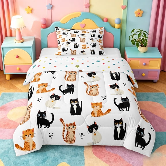 jejeloiu Simple Cat Pattern Twin Comforter Sets Kids,Cute Print Bedding Set,Reversible,2 Pieces