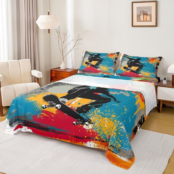 jejeloiu Skateboard Game Twin Sheet Sets,Watercolor Splashing Ink Bedding For Boys Kids 3pcs