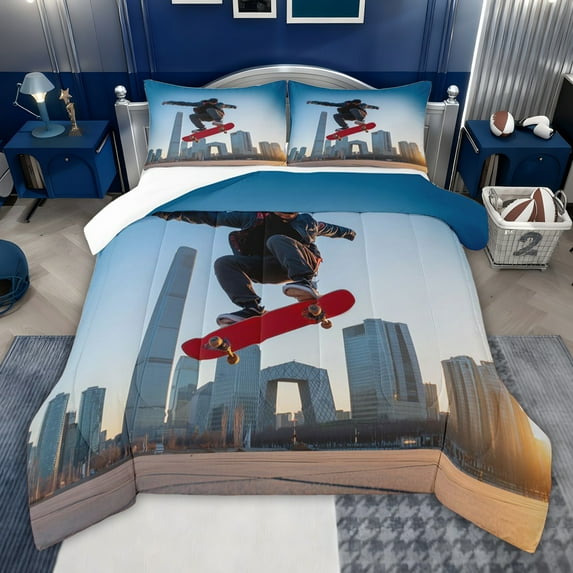 jejeloiu Skateboard Sport Twin Comforter Sets,Modern City Bedding Set For Boys Teens 2-Piece