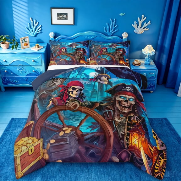 jejeloiu Skeleton Adventure Art Queen Comforter Set Kids,Spooky Print Bedding Comforter Set For Boys,Reversible,3-Piece