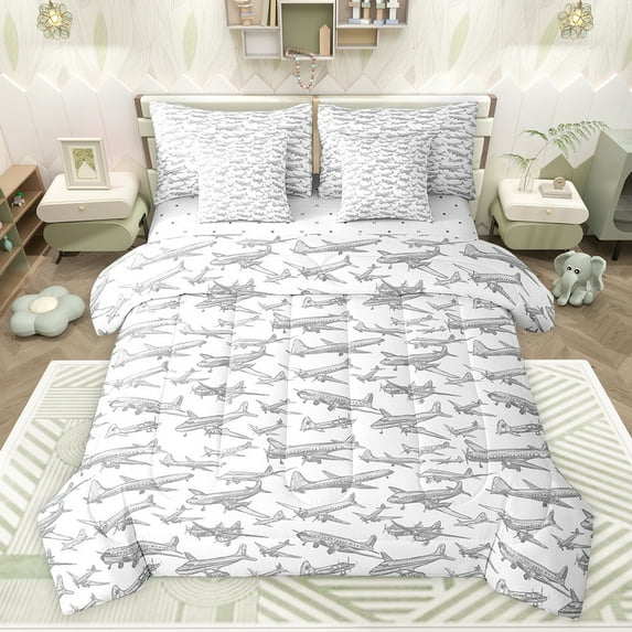 jejeloiu Sketch 3D Airplane 7-Piece Bedding Comforter Set,Modern Aircraft King Bedding Sets,White Gray Bed Sheets For Kids,Super Cozy Room Decor Reversible