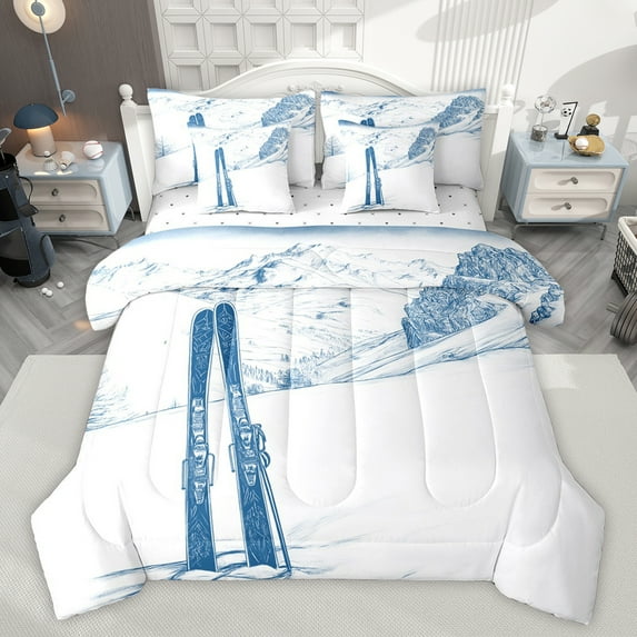 jejeloiu Sketch Artwork 7pcs Bedding Comforter Set,Snowboard Ski Sports Queen Bedding Sets,White Blue Queen Sheet Sets For Kids,Super Cozy Room Decor Reversible