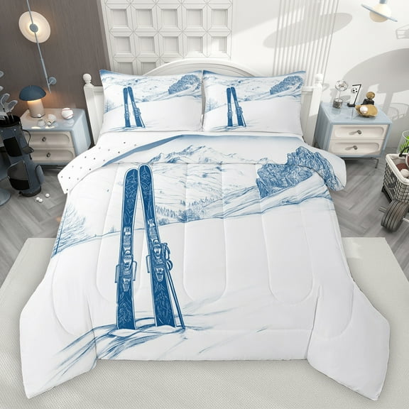 jejeloiu Sketch Artwork Bedding Comforter Set,Snowboard Ski Sports Twin Comforter Sets,White Blue Bedding Set For Kids,Super Cozy Room Decor Reversible,2 Pieces