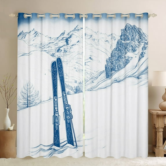 jejeloiu Sketch Artwork Black Out Curtains,Snowboard Ski Sports Curtains Pack of 2 (42x63 Each),White Blue Bedroom Curtains For Kids,Super Cozy Room Decor