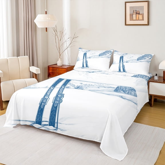 jejeloiu Sketch Artwork Twin Sheet Set,Snowboard Ski Sports White Blue,Cozy Decor For Kids,3-Piece