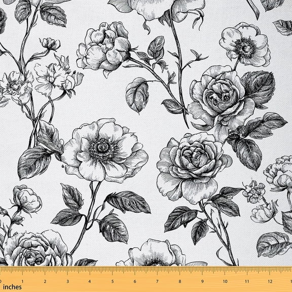 jejeloiu Sketch Floral Rose Fabric by the Yard 1 Yard,Country Flower Home Decor Fabric by the Yard,Natural Theme Sewing Fabric For Girls Boys,Breathable Home Decor