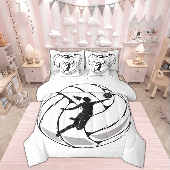 jejeloiu Sketch Volleyball Bedding Comforter Set 7pcs.Girls Ball Player Queen Bedding Sets,Sports Theme Queen Sheet Sets For Child,Super Cozy Room Decor