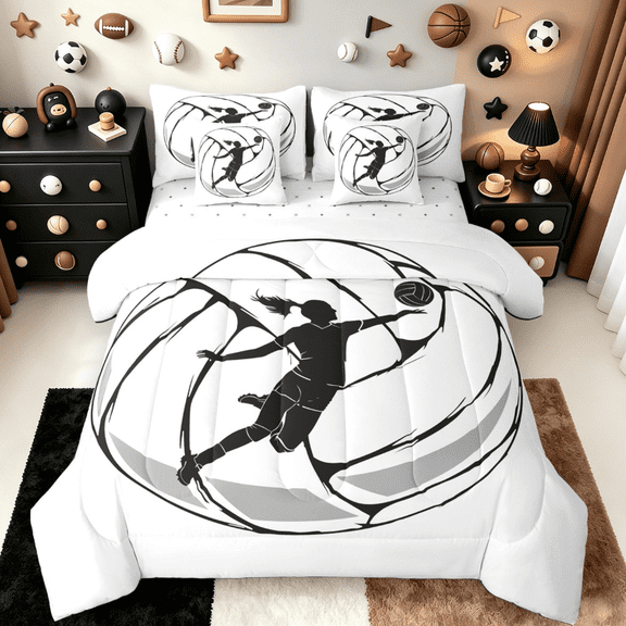 jejeloiu Sketch Volleyball Bedding Comforter Set 7pcs.Girls Ball Player Queen Bedding Sets,Sports Theme Queen Sheet Sets For Child,Super Cozy Room Decor