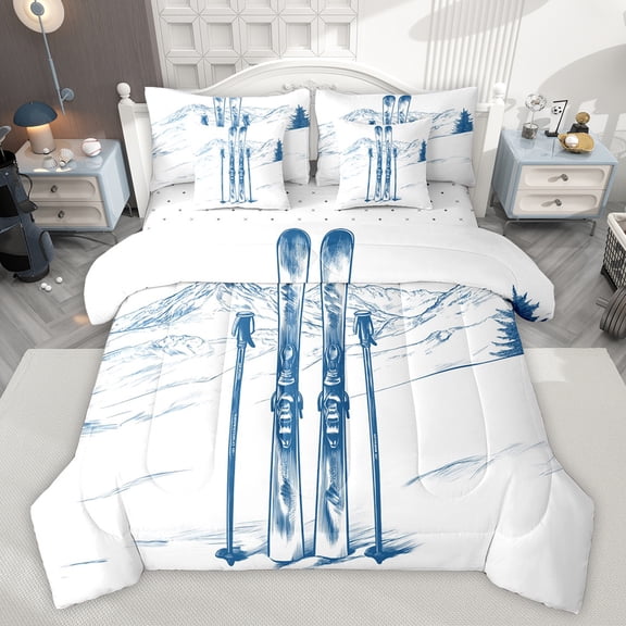 jejeloiu Skiing Sports 7-Piece Twin Bedding Sets,Snowboard Bedding Comforter Set,Blue White Sheet Sets For Boys Girls,Ultra Soft Home Decor Reversible