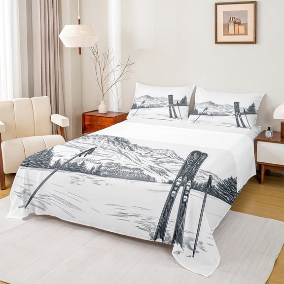 jejeloiu Skiing Sports Gaming Twin Sheet Sets,Modern Snowboard Twin Fitted Sheet,Natural Snow Mountain Flat Sheet For Boys Girls,Ultra Soft Home Decor,3 Pieces