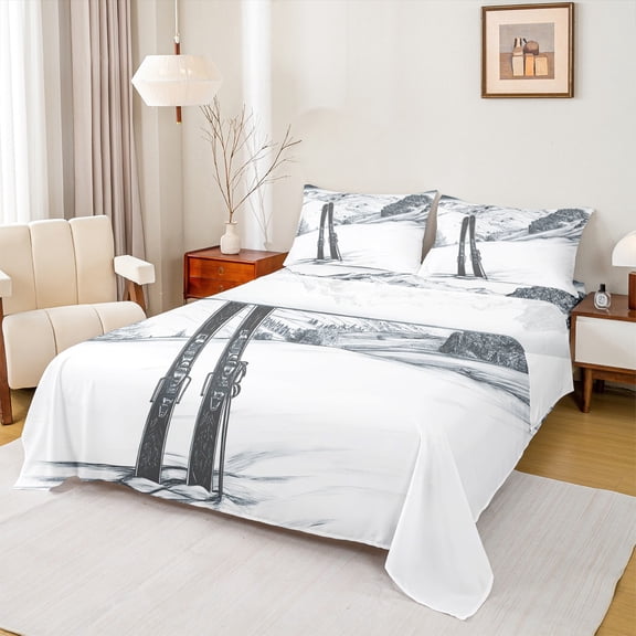 jejeloiu Skiing Sports Queen Sheet Sets,Snowboard Flat Sheet,Gray White Queen Fitted Sheet For Boys Girls,Ultra Soft Home Decor,4pcs