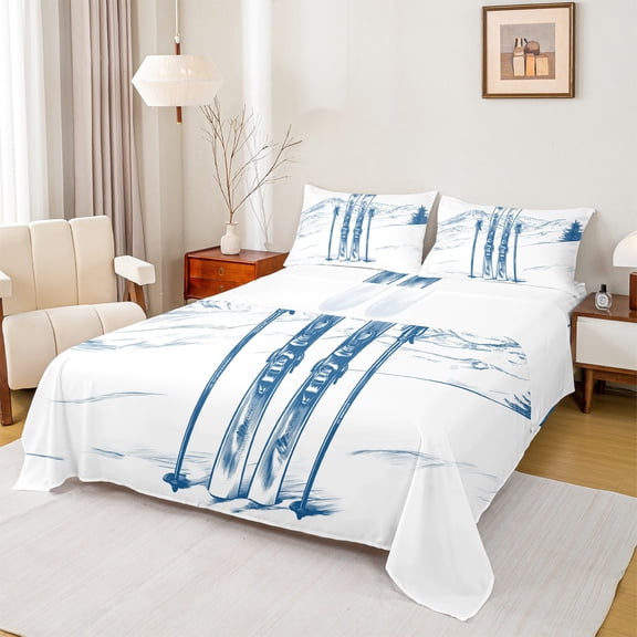 jejeloiu Skiing Sports Twin Sheet Sets,Snowboard Twin Fitted Sheet,Blue White Flat Sheet For Boys Girls,Ultra Soft Home Decor,3pcs