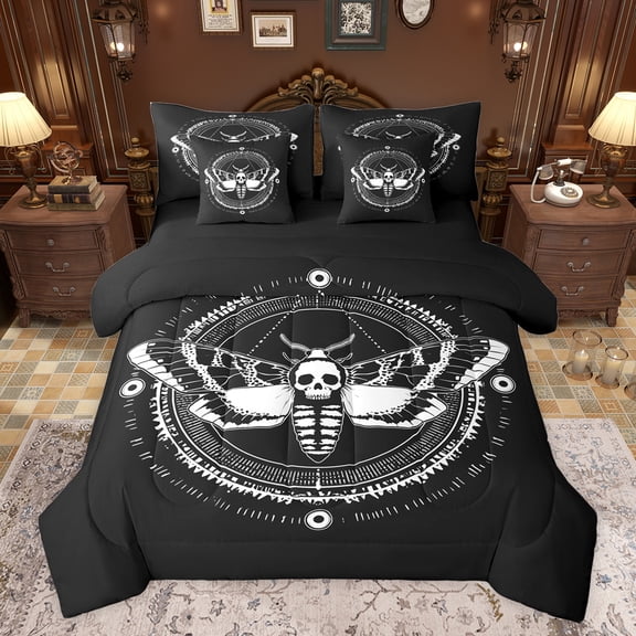 jejeloiu Skull Moth Pattern 7-Piece Twin Bedding Sets,Gothic Theme Bedding Comforter Set,Black White Sheet Sets For Boys,Ultra Soft Home Decor Reversible