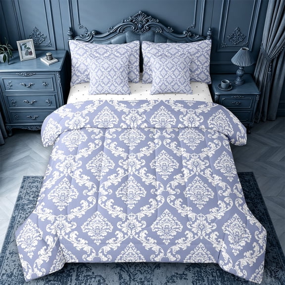jejeloiu Sky Damask 7 Pieces Full Size Bedding Sets For Girls,Pastel Print Full Size Bed in a Bag,Light Blue Black,Reversible