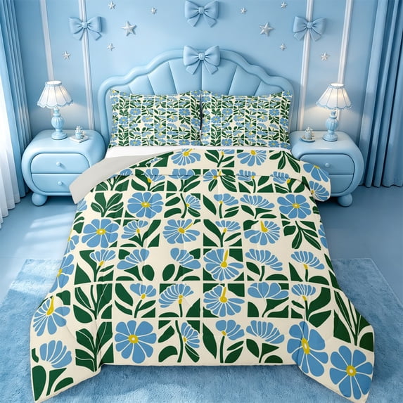 jejeloiu Sky Floral Full Size Comforter Sets For Girls,Ancient Pattern Bedding Comforter Set,Blue Green Cream,Light Gray Reversible,3-Piece,1 Comforter and 2 Pillowcases