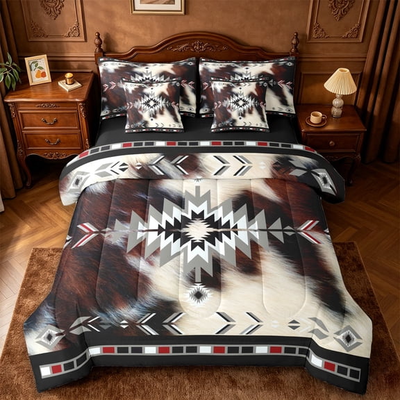 jejeloiu Sleek Aztec 7 Pieces Full Size Bedding Sets,Neutral Cowhide Full Size Bed in a Bag For Boys,Gray Black Brown,Black Reversible