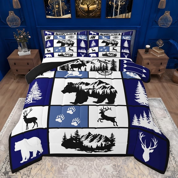 jejeloiu Snow Mountain Landscape Bedding Comforter Set,Bear Deer Animals Twin Comforter Sets,Blue White Bedding Set For Teens,Ultra Soft Home Decor Reversible,2 Pieces