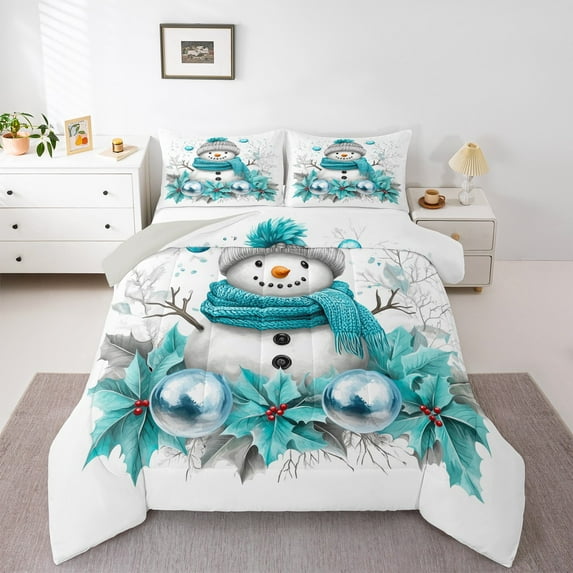 jejeloiu Snowman Bedding Comforter Set,Cyan Xmas Leaves Twin Comforter Sets,Merry Christmas Bedding Set For Girls Boys,Ultra Soft Home Decor Reversible,2-Piece