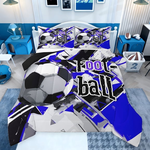 jejeloiu Soccer Football Sport Full Size Comforter Sets,Ball Game Gaming Bedding Comforter Set,White Black Blue Bedding Sets For Boys Teens,Breathable Home Decor Reversible,3-Piece