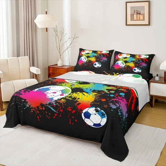 jejeloiu Soccer Sport Full Size Sheets,Graffiti Hippie Bed Sheets,Colorful Splashing Ink Sheet Sets For Boys Kids,Microfiber Bedroom Decorative,4 Pieces
