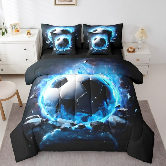jejeloiu Socer Game Bedding Comforter Set 7 Pieces,Football Sport Full Bedding Set,Blue Black White Fitted Sheet Flat Sheet For Children,Microfiber Bedroom Decor Reversible