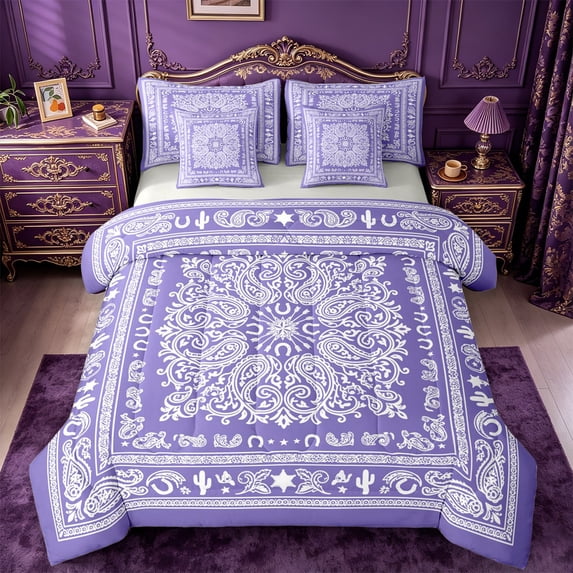 jejeloiu Soft Boho 7pcs Queen Bedding For Men Women,Paisley Pattern Bedding Comforter Set Queen,Purple White,Light Gray Reversible