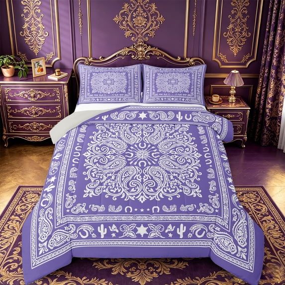jejeloiu Soft Boho Queen Comforter Set For Men Women,Paisley Pattern Comforter Sets Queen,Purple White,Light Gray Reversible,3-Piece,1 Comforter and 2 Pillowcases