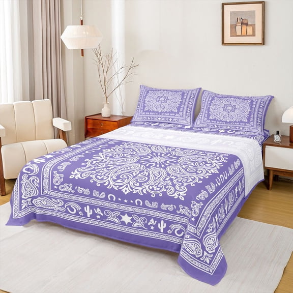 jejeloiu Soft Boho Queen Sheets For Men Women,Paisley Pattern Queen Sheet Sets,Purple White,4-Piece,1 Flat Sheet, 1 Fitted Sheet and 2 Pillowcases