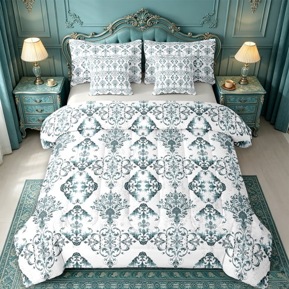 jejeloiu Soft Damask 7-Piece King Bedding,Pastel Print King Bed in a Bag For Adults,Teal White,Light Gray Reversible