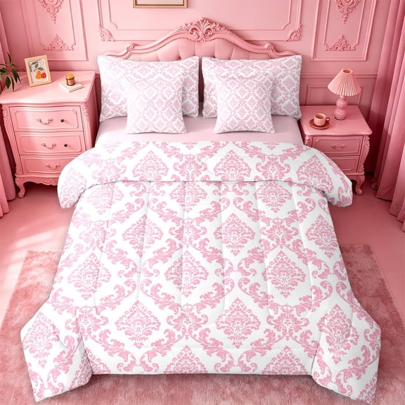 jejeloiu Soft Damask 7 Pieces Full Size Bedding Sets For Girls,Delicate Pattern Full Size Bed in a Bag,Pink White,Pink Reversible