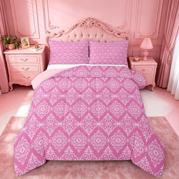 jejeloiu Soft Damask Full Size Comforter Sets For Girls,Pastel Pattern Bedding Comforter Set,Pink White,Pink Reversible,3-Piece,1 Comforter and 2 Pillowcases