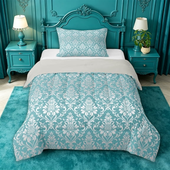 jejeloiu Soft Damask Twin Comforter Sets For Girls,Airy Print Bedding Set,Turquoise White,Light Gray Reversible,2 Pieces,1 Comforter and 1 Pillowcase
