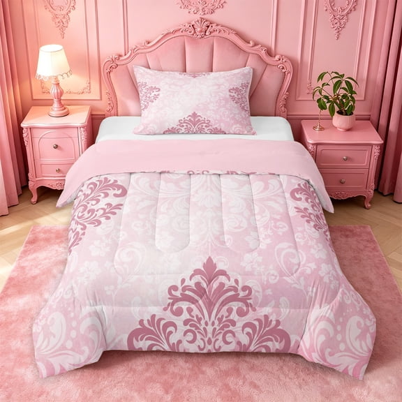jejeloiu Soft Damask Twin Comforter Sets For Girls,Retro Print Bedding Set,Pink White,Pink Reversible,2 Pieces,1 Comforter and 1 Pillowcase