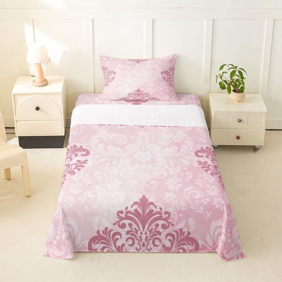 jejeloiu Soft Damask Twin Sheets For Girls,Retro Print Bedding,Pink White,3 Pieces,1 Fitted Sheet and 1 Pillowcase