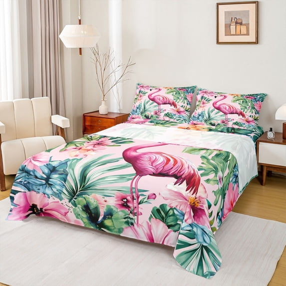 jejeloiu Soft Flamingo Flowers Full Size Sheets Kids,Tropical Botanical Leaves Bed Sheets For Girls,4 Pieces